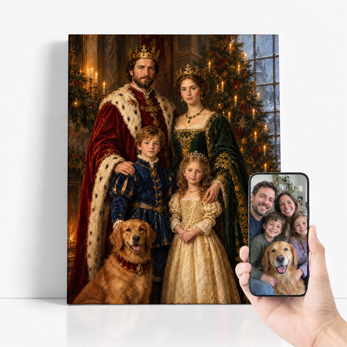 The Royal Christmas Family before and after: family photo beside the finished royal Christmas portrait