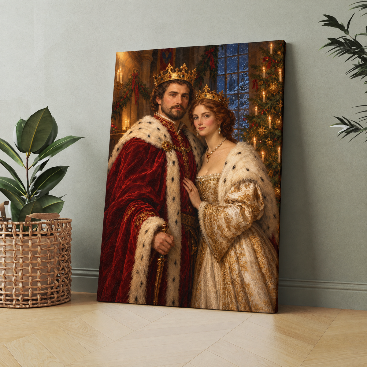 The Christmas King & Queen custom portrait printed on canvas, personalized Christmas gift for couples