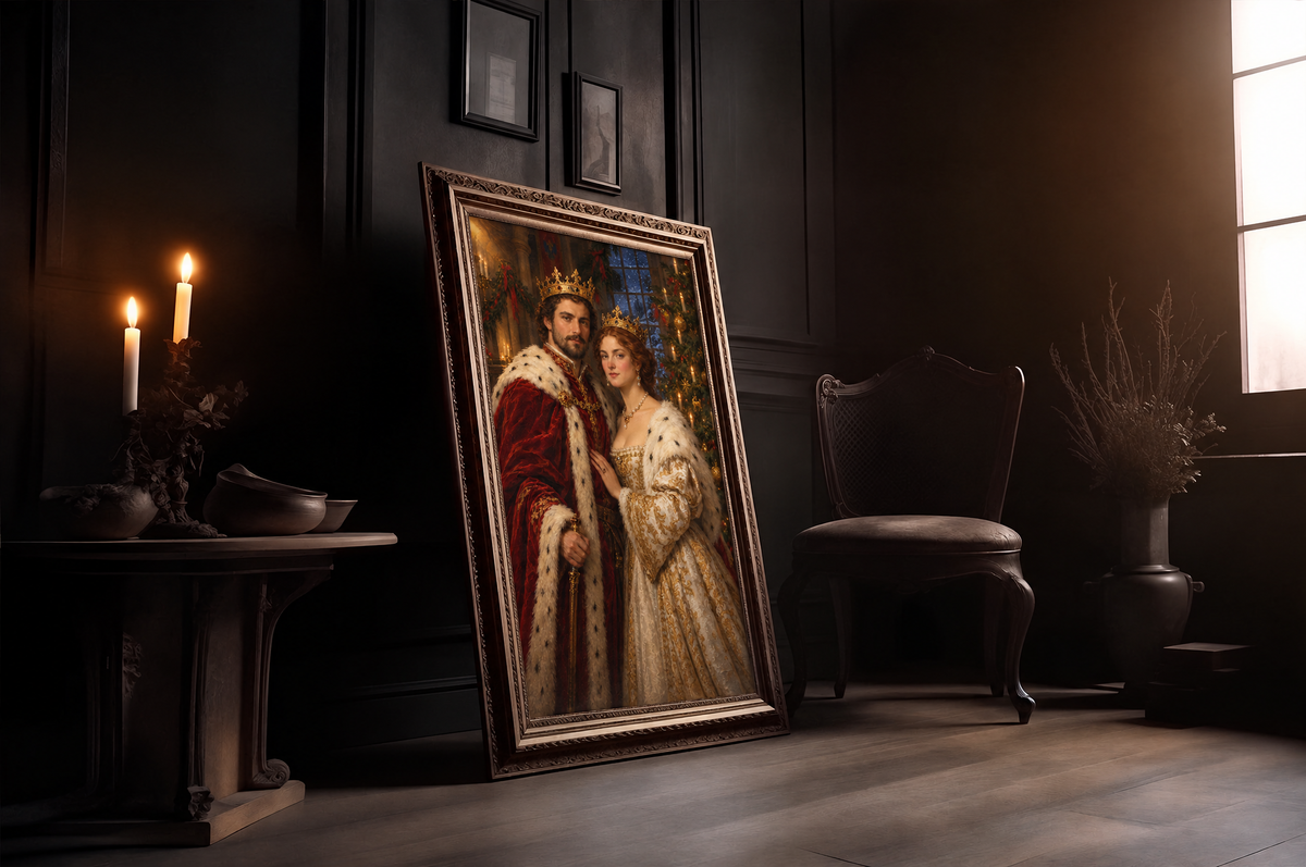The Christmas King & Queen custom portrait in a gold frame in a candlelit room