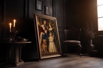 The Royal Christmas Family custom portrait in a gold frame in a candlelit room