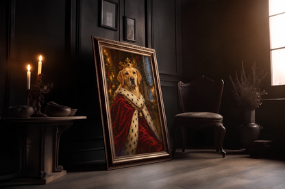The Christmas Pet King custom pet portrait in a gold frame in a candlelit room