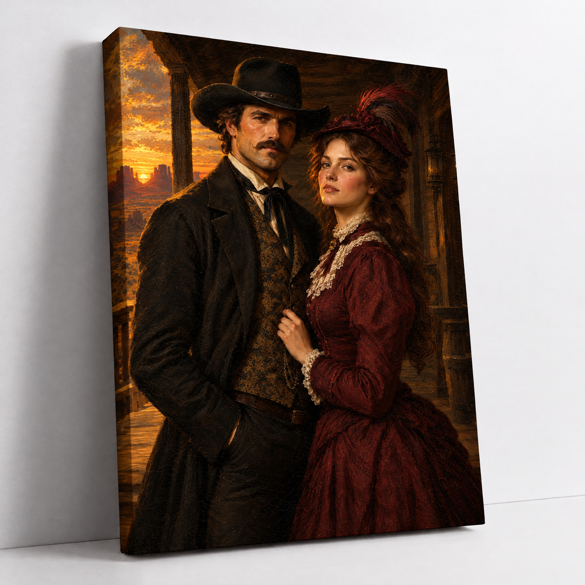 The Western Couple – custom Old West couple portrait from your photo, cowboy and frontier lady at sunset