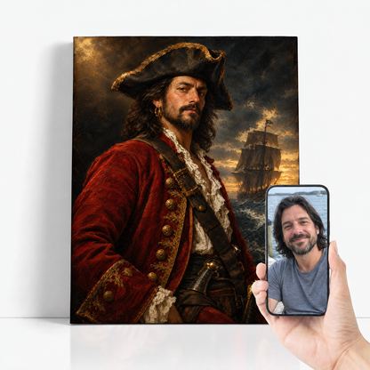 The Pirate Captain before and after: customer photo beside the finished custom pirate portrait