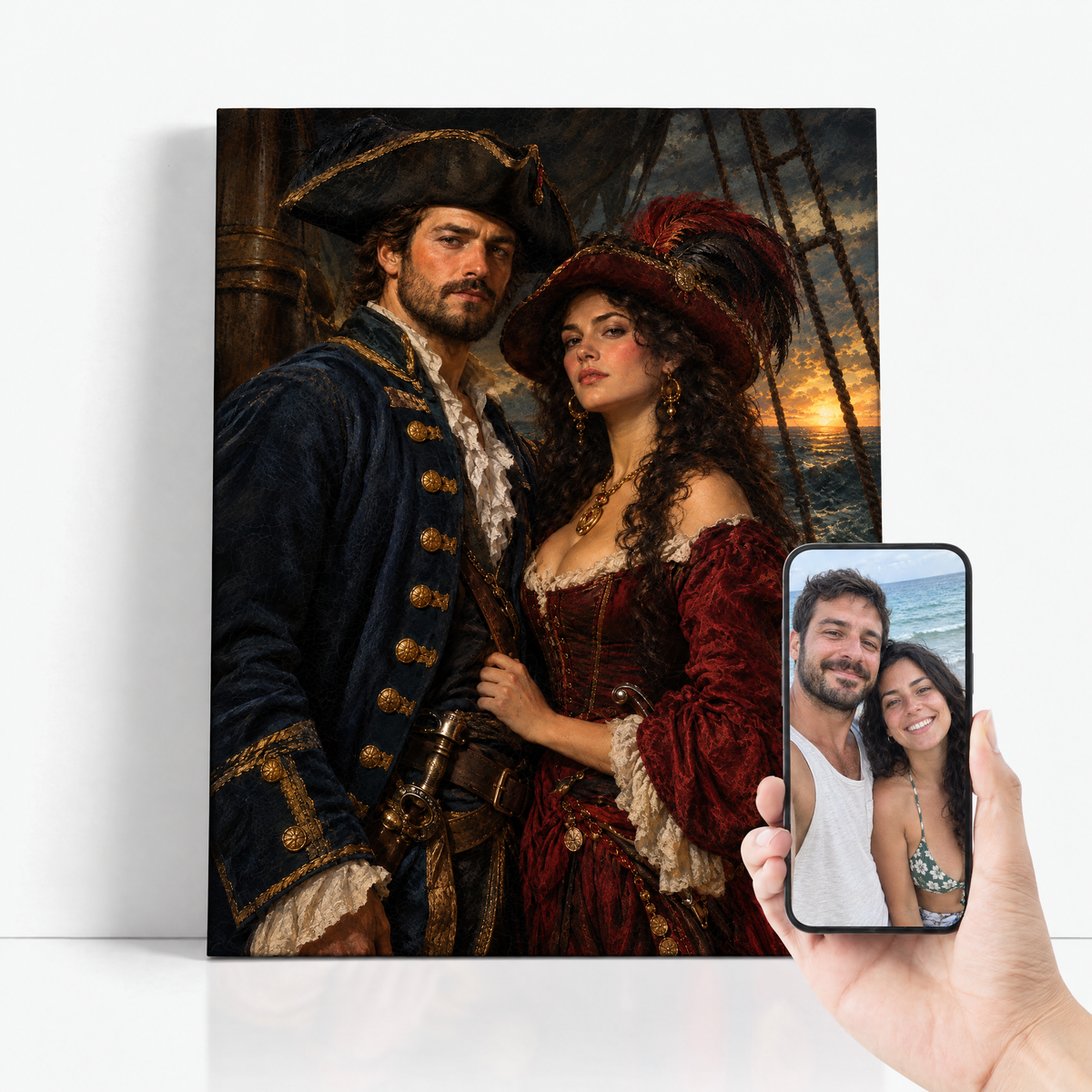 The Pirate Couple before and after: couple photo beside the finished custom pirate portrait