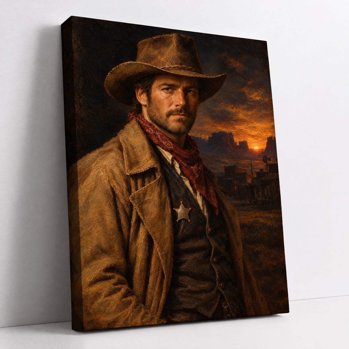 The Cowboy – custom Western cowboy portrait from your photo, man in a cowboy hat, vest and sheriff's star
