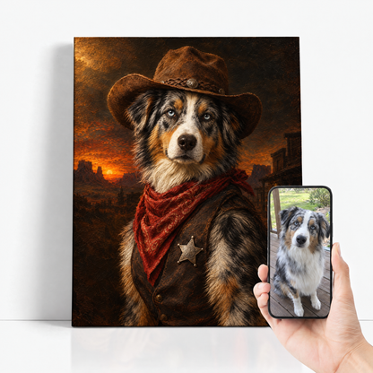 The Pet Sheriff before and after: customer dog photo beside the finished custom dog portrait