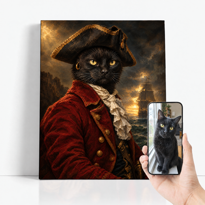The Cat Pirate before and after: customer cat photo beside the finished custom cat portrait