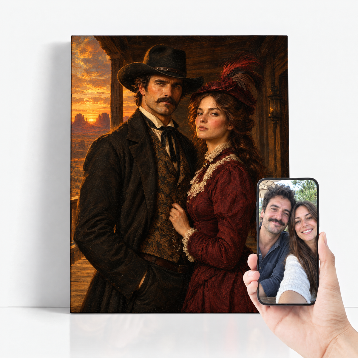 The Western Couple before and after: couple photo beside the finished custom Western portrait