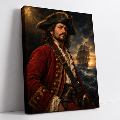 The Pirate Captain – custom pirate portrait from your photo, man in a tricorn hat and red captain's coat