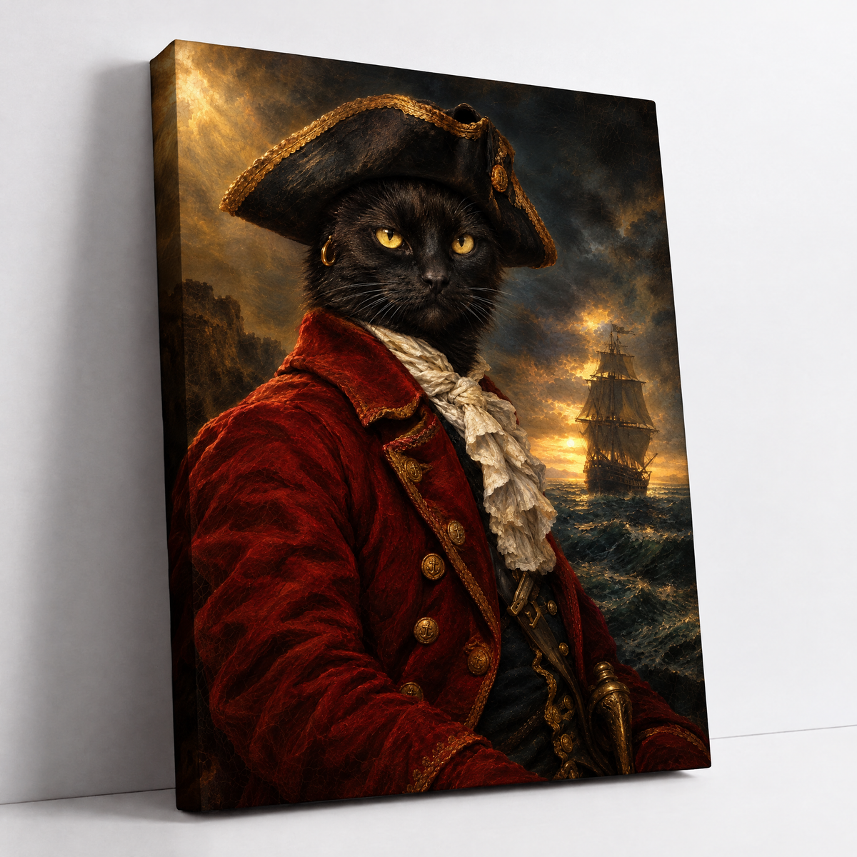The Cat Pirate – custom pirate cat portrait from your photo, black cat in a tricorn hat and red captain's coat