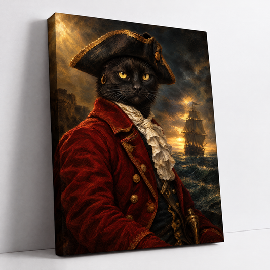 The Cat Pirate – custom pirate cat portrait from your photo, black cat in a tricorn hat and red captain's coat