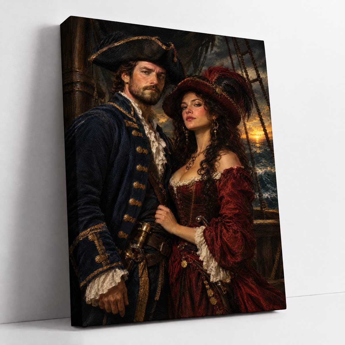 The Pirate Couple – custom pirate couple portrait from your photo, captain and pirate queen on a ship deck