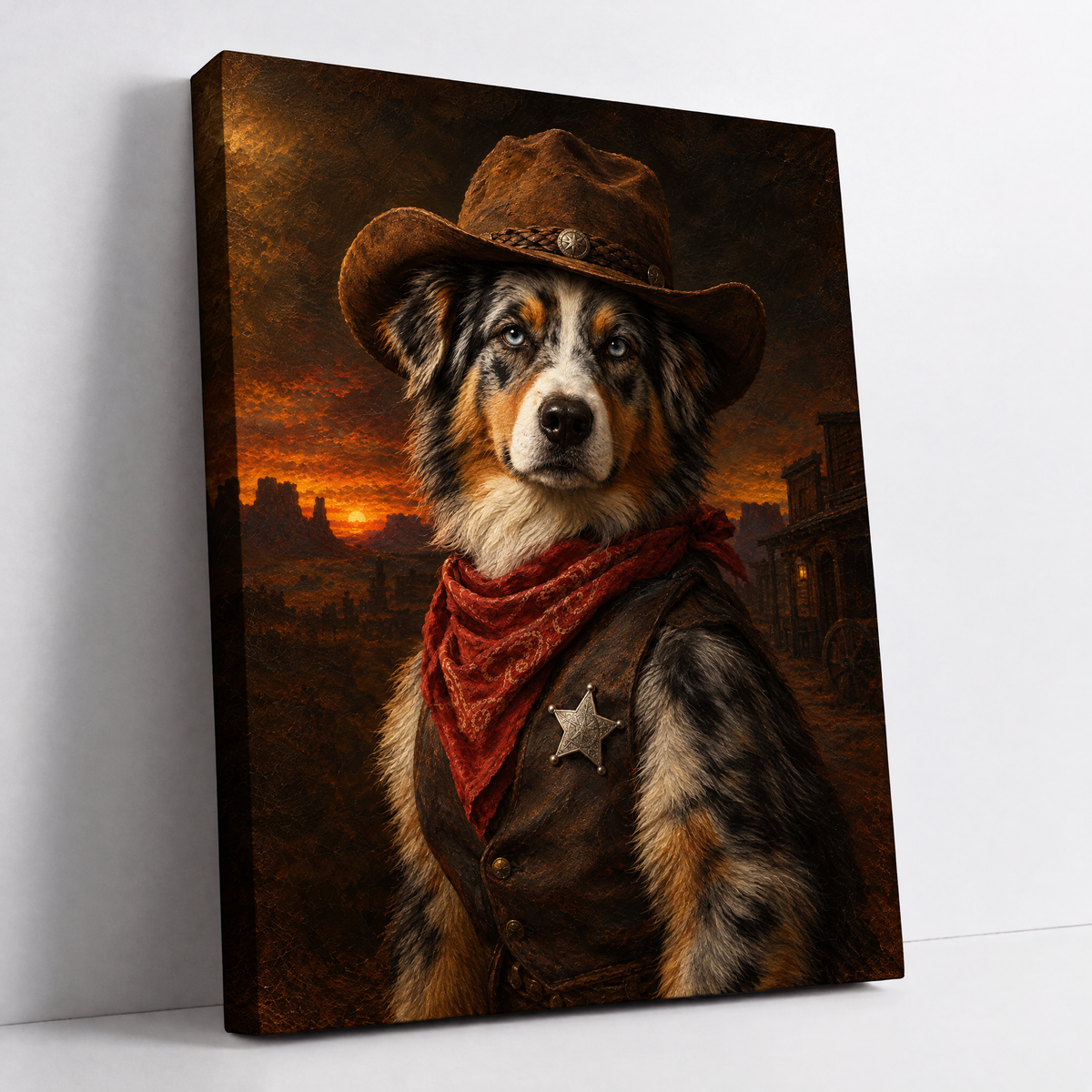 The Pet Sheriff – custom Western dog portrait from your photo, Australian Shepherd in a cowboy hat and sheriff's star