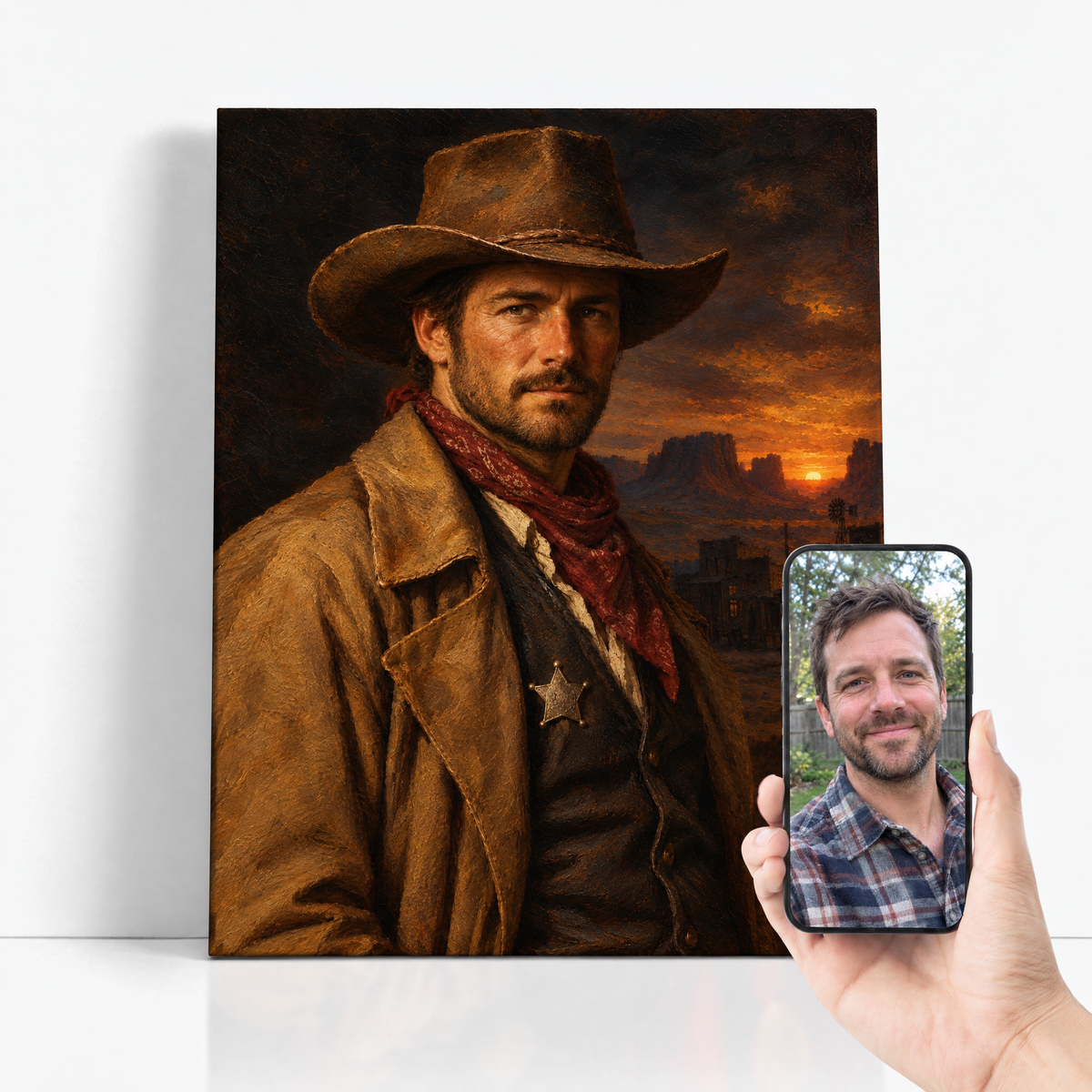 The Cowboy before and after: customer photo beside the finished custom Western portrait