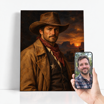 The Cowboy before and after: customer photo beside the finished custom Western portrait