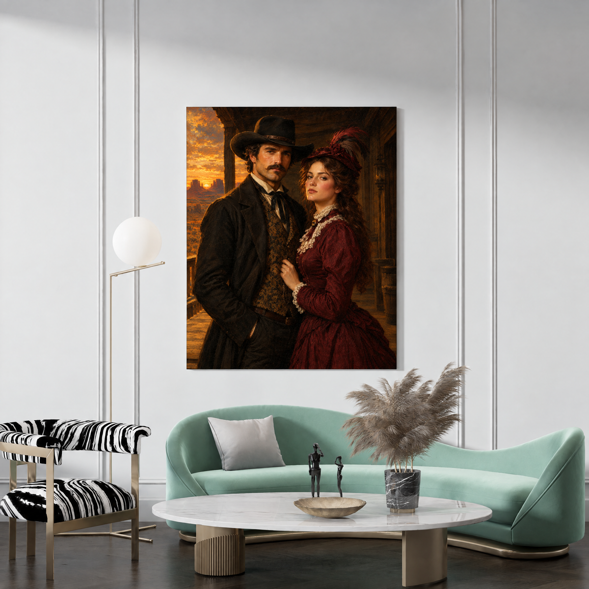 The Western Couple custom portrait canvas hanging in a living room