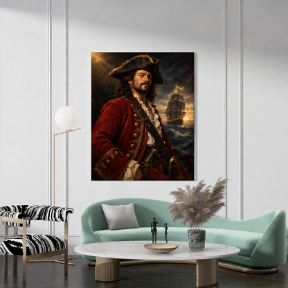 The Pirate Captain custom pirate portrait canvas hanging in a living room