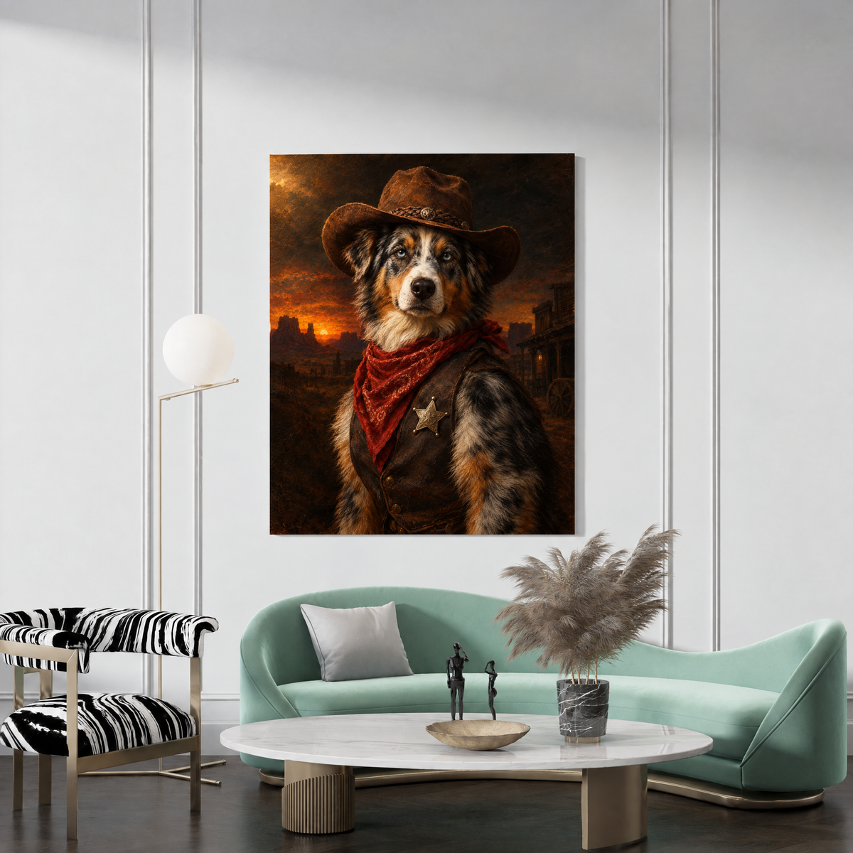 The Pet Sheriff custom dog portrait canvas hanging in a living room