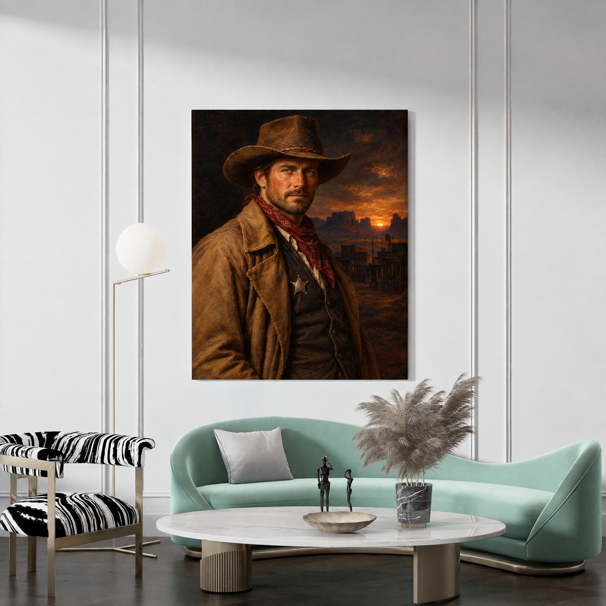 The Cowboy custom Western portrait canvas hanging in a living room