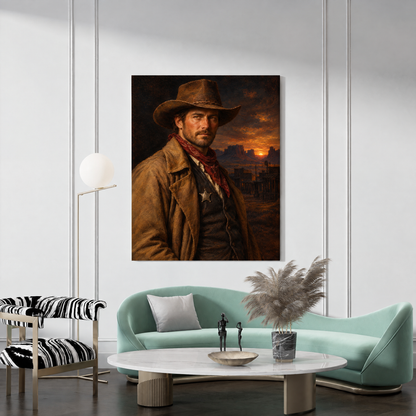 The Cowboy custom Western portrait canvas hanging in a living room