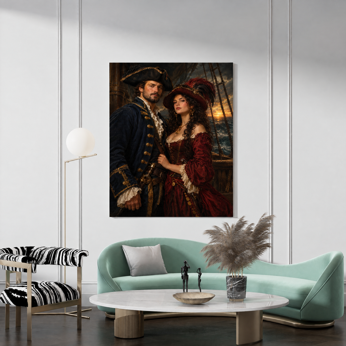 The Pirate Couple custom portrait canvas hanging in a living room