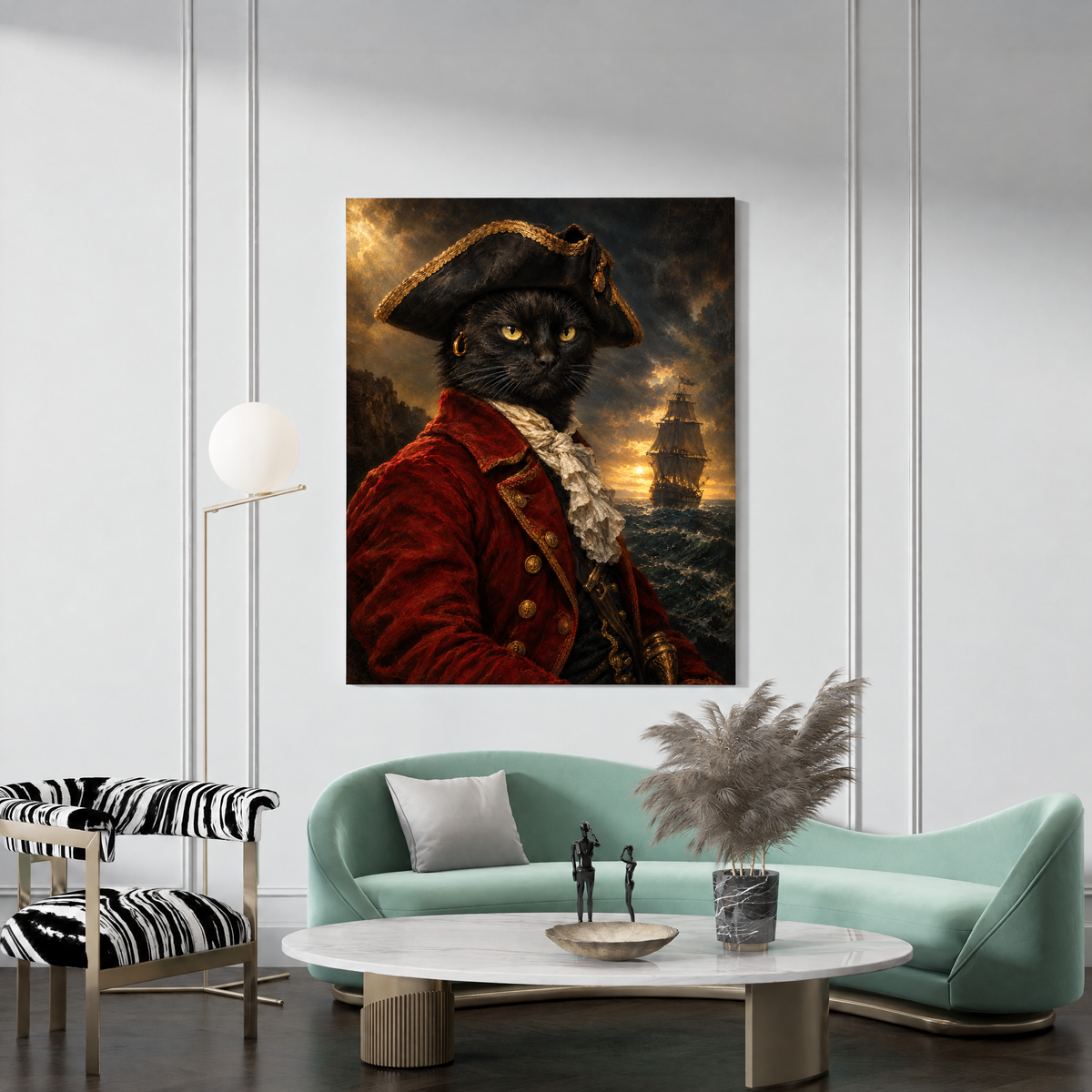 The Cat Pirate custom cat portrait canvas hanging in a living room
