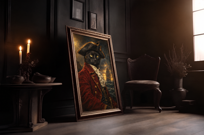 The Cat Pirate custom cat portrait in a gold frame in a candlelit room
