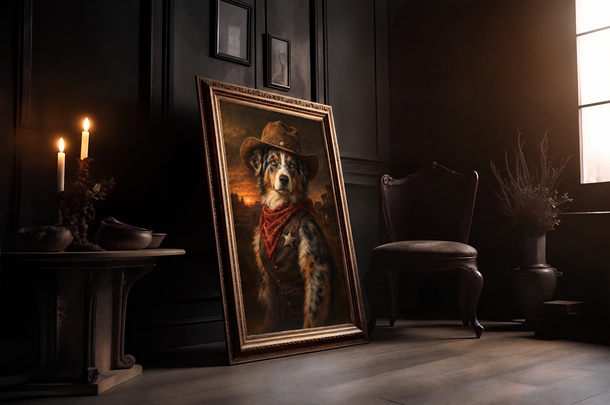 The Pet Sheriff custom dog portrait in a gold frame in a candlelit room