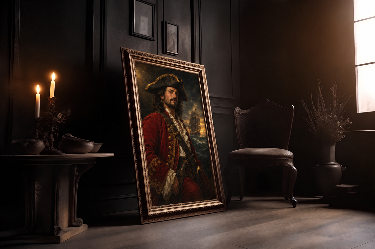 The Pirate Captain custom pirate portrait in a gold frame in a candlelit room