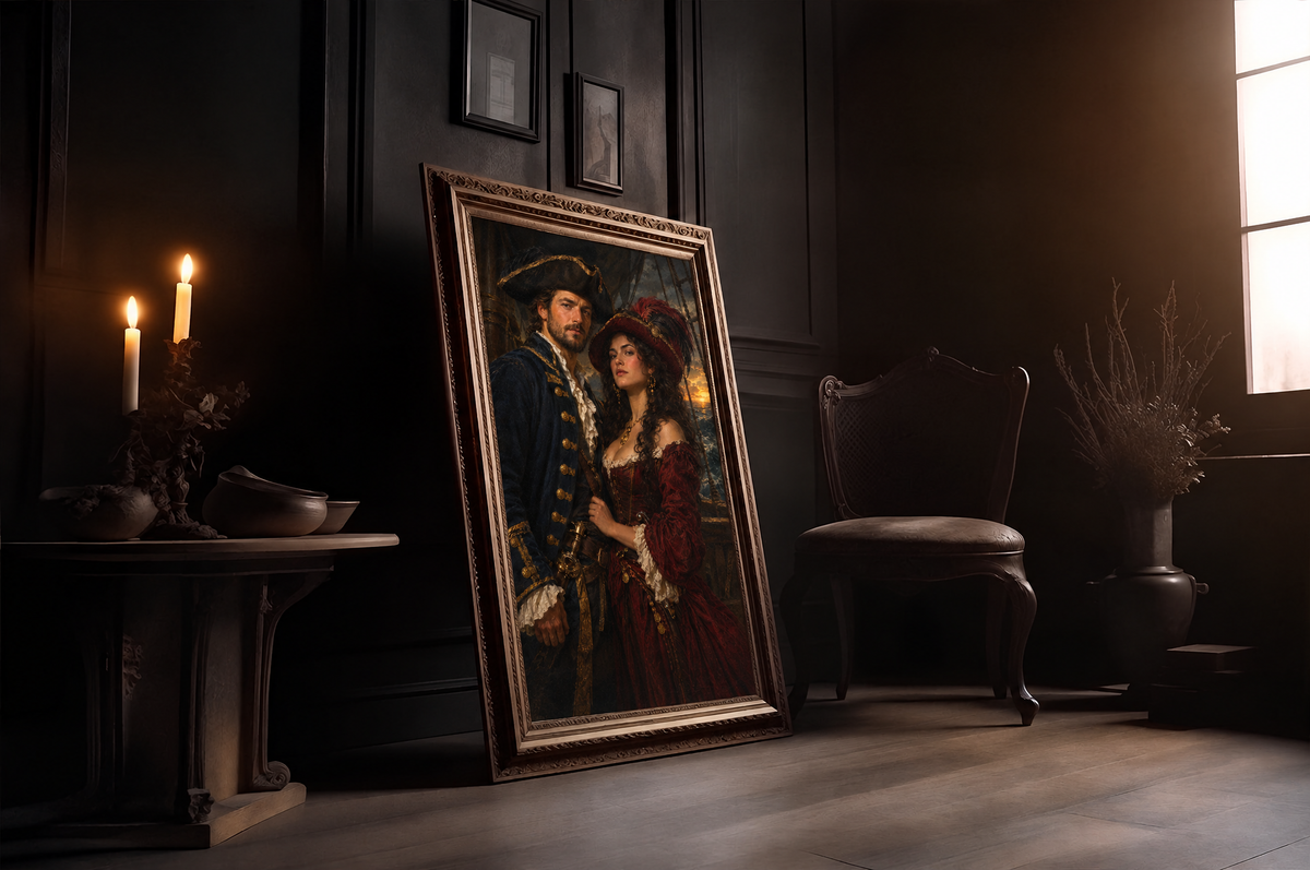 The Pirate Couple custom portrait in a gold frame in a candlelit room