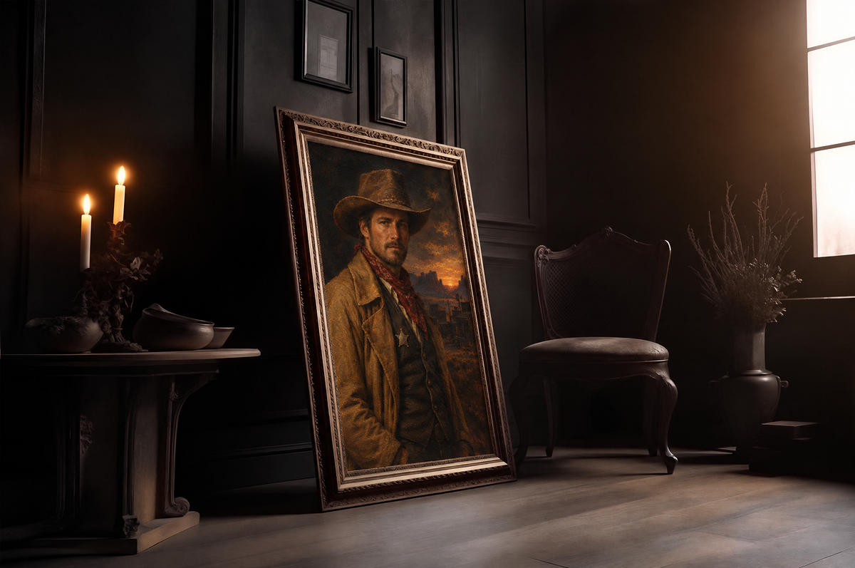 The Cowboy custom Western portrait in a gold frame in a candlelit room