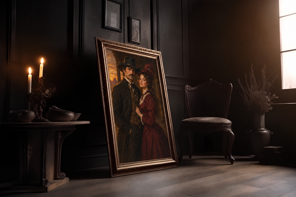 The Western Couple custom portrait in a gold frame in a candlelit room