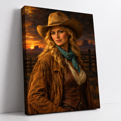 The Cowgirl – custom Western cowgirl portrait from your photo, woman in a cowboy hat, bandana and fringed jacket