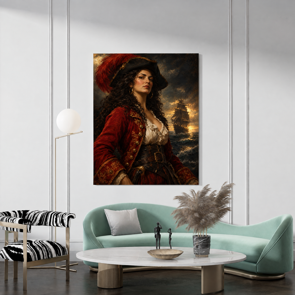 The Pirate Queen custom pirate portrait canvas hanging in a living room