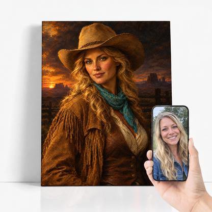 The Cowgirl before and after: customer photo beside the finished custom Western portrait