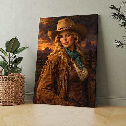 The Cowgirl custom Western portrait printed on canvas, personalized gift idea for her