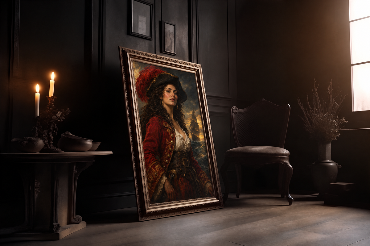 The Pirate Queen custom pirate portrait in a gold frame in a candlelit room