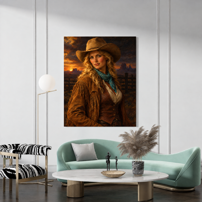 The Cowgirl custom Western portrait canvas hanging in a living room