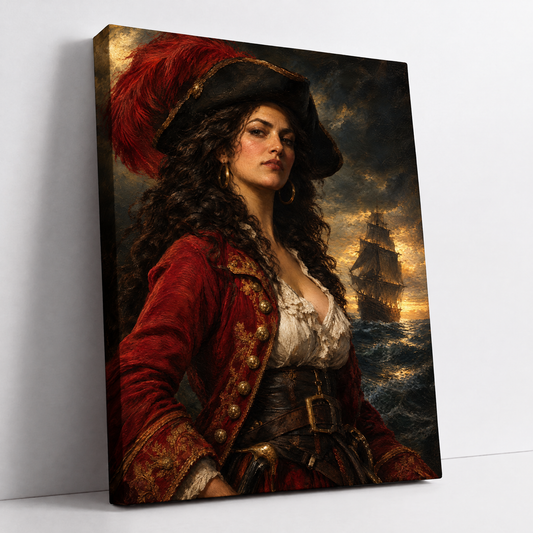 The Pirate Queen – custom female pirate portrait from your photo, woman in a feathered hat and red captain's coat