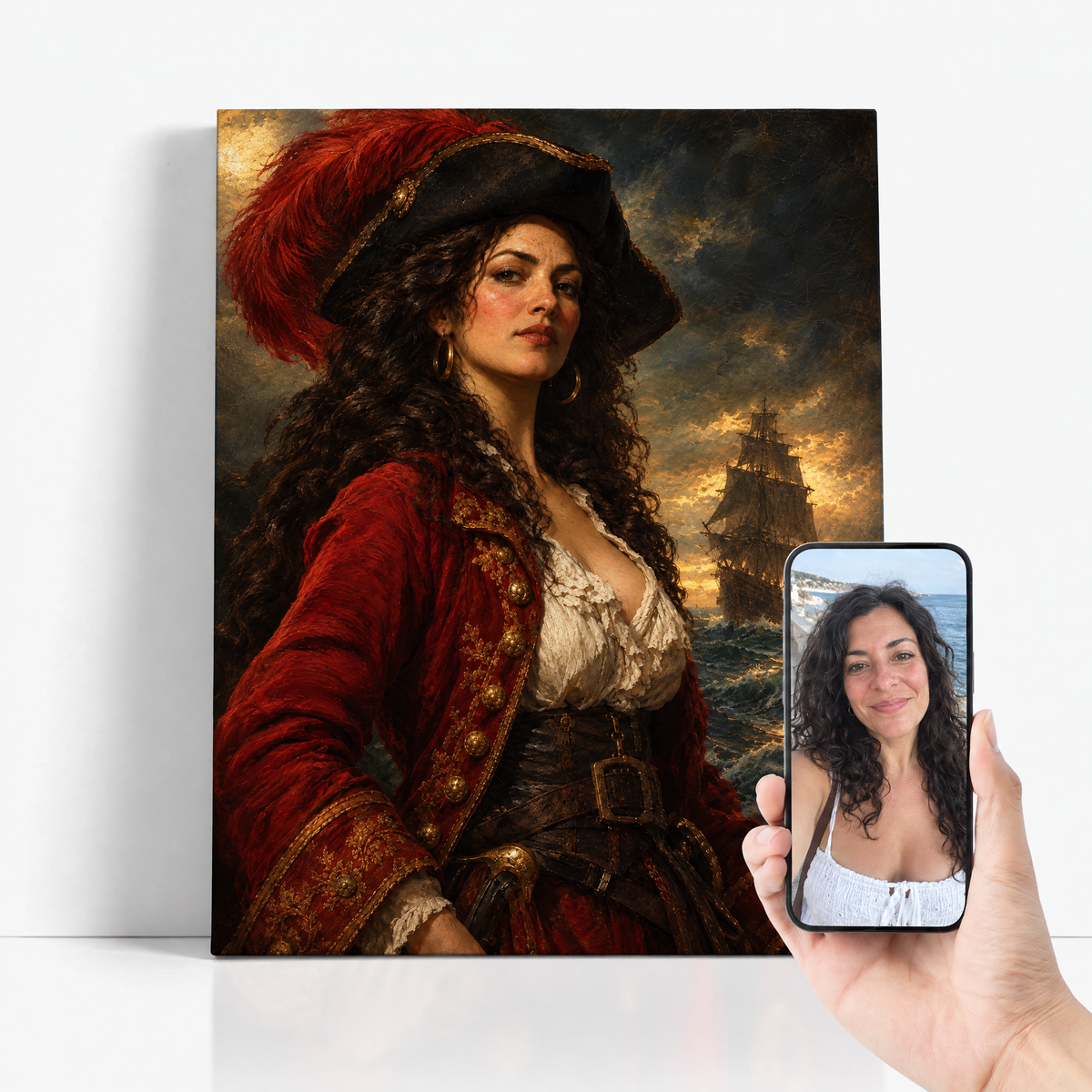 The Pirate Queen before and after: customer photo beside the finished custom pirate portrait