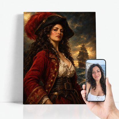 The Pirate Queen before and after: customer photo beside the finished custom pirate portrait