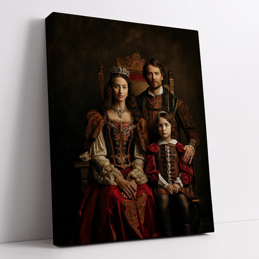 Custom royal portrait showcasing a family of three in Renaissance-era attire, personalized gift.
