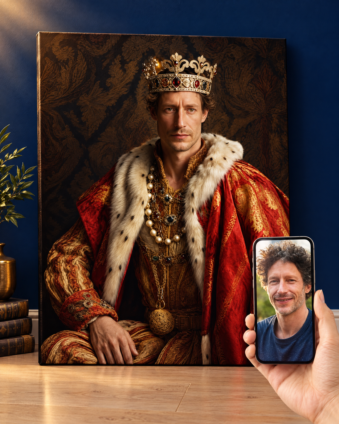 Custom royal portrait of a man as a king on canvas next to his original photo on a phone