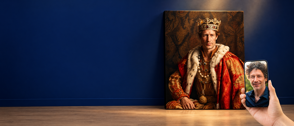 Custom royal portrait of a man as a king on canvas next to his original photo on a phone